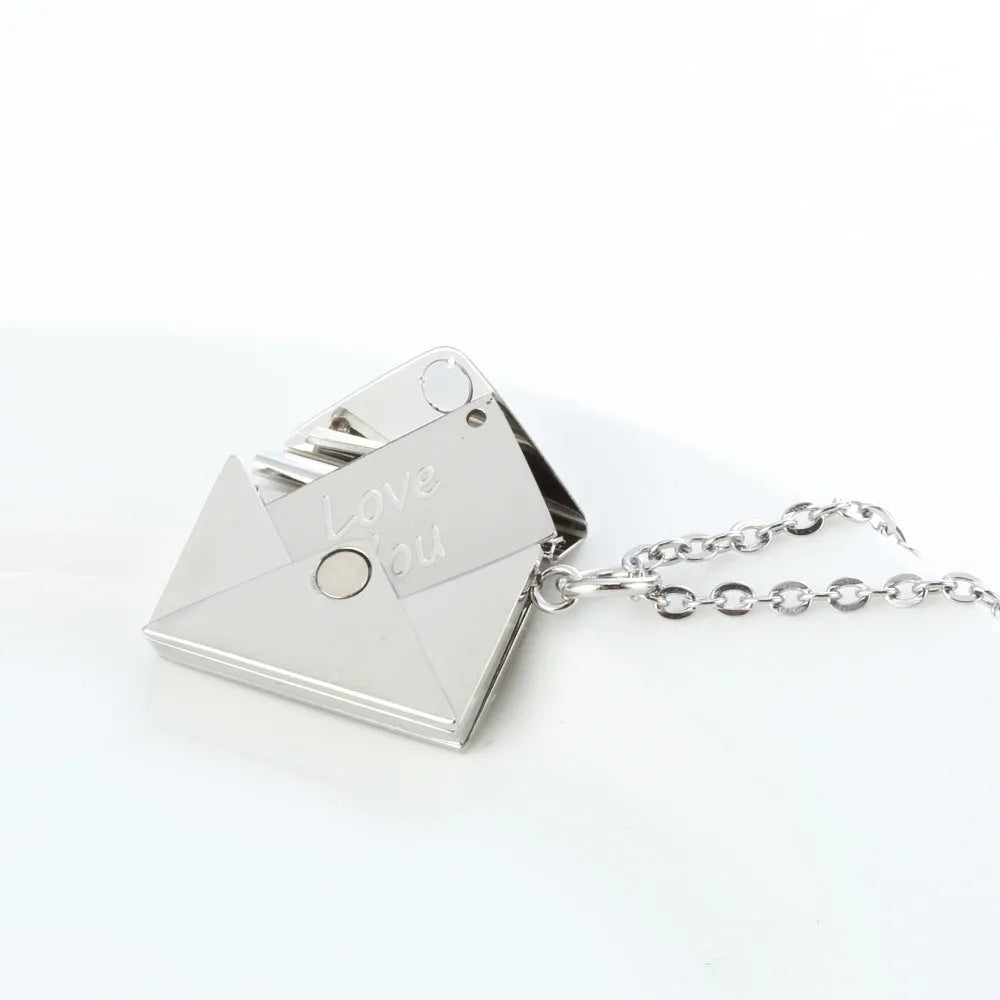 Titanium steel envelope pendant necklace with hidden compartment and O-ring chain