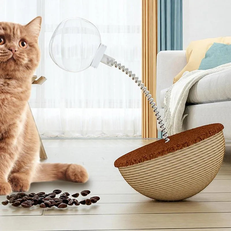 Auto-balancing cat food puzzle toy with slow feeder function in PP plastic and rope construction