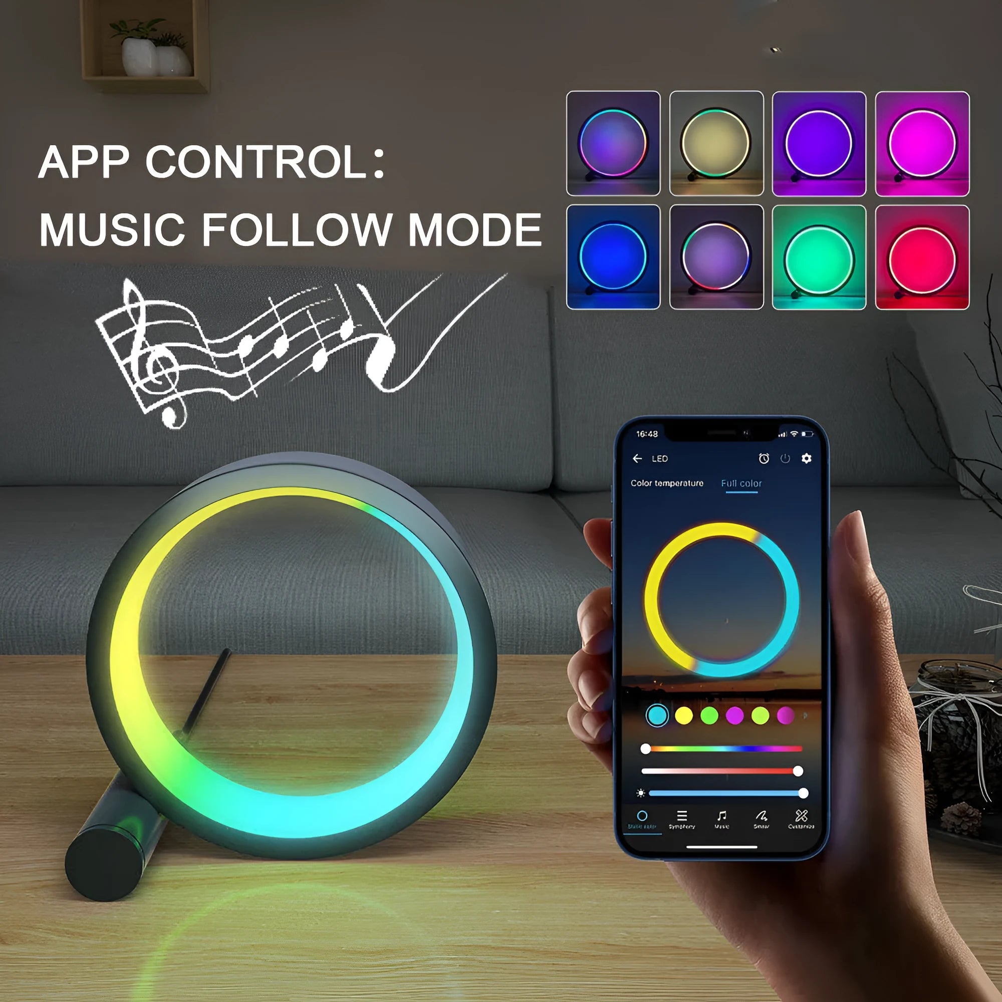 Smart aluminium LED light with colourful music rhythm induction, showing remote and app control.