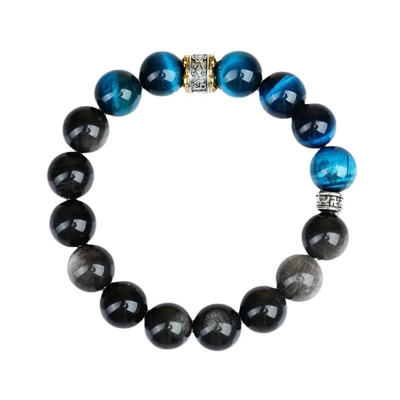 Handmade geometric bracelet with peacock blue Tigereye stone beads in ethnic style