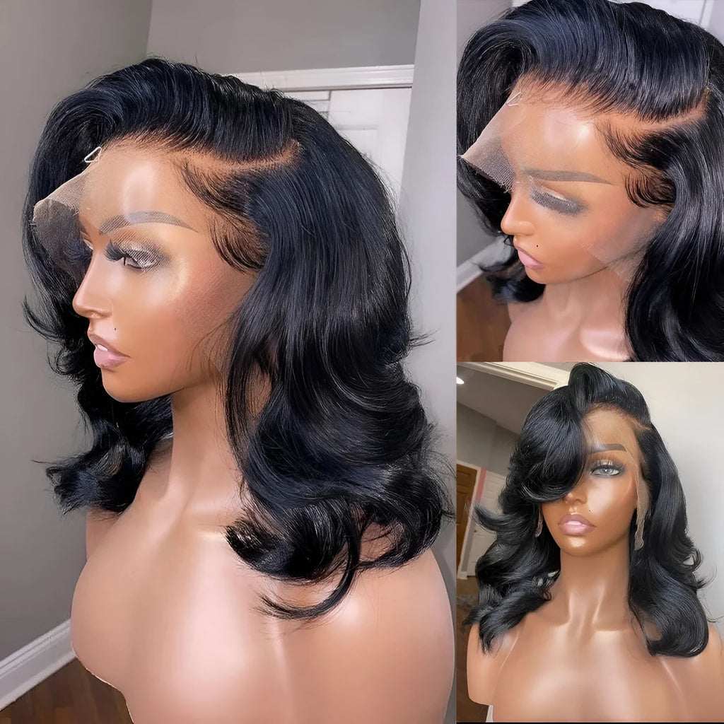 Women's black solid colour transparent lace forehead wig with short curly hair