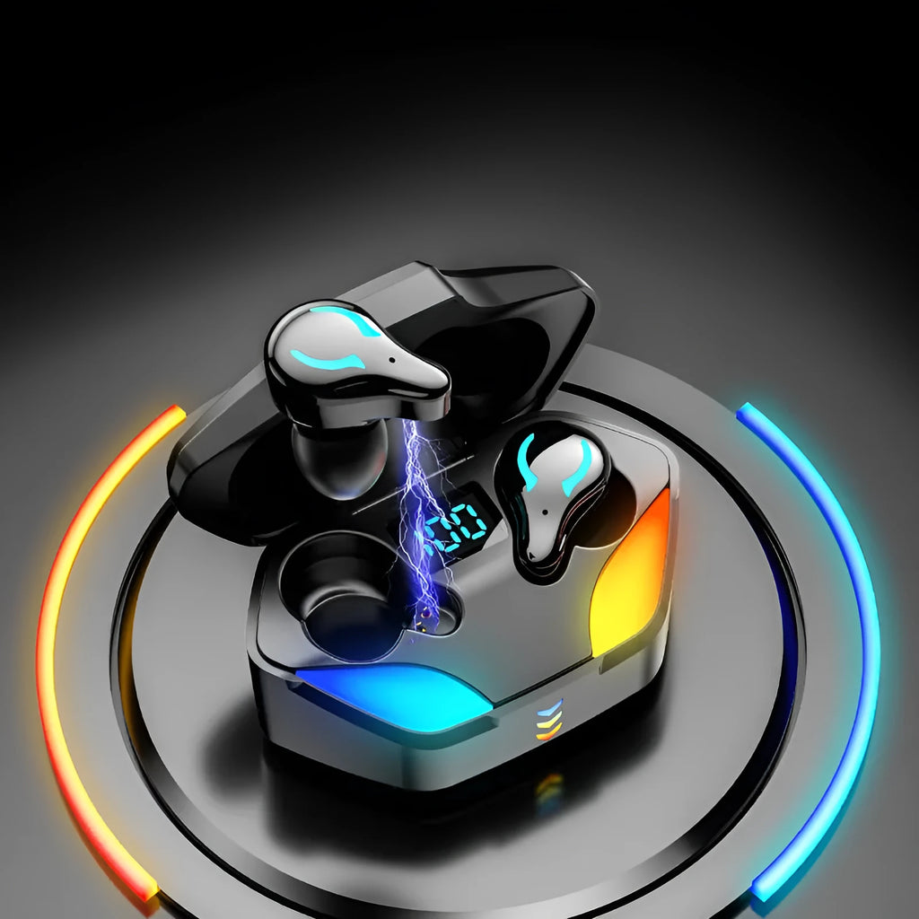 Black in-ear Bluetooth gaming headset for mobile phones with a focus on low-latency audio.