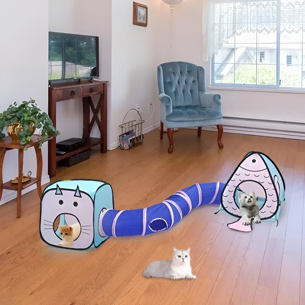 Foldable Cat and Fish design pet tent with connecting tunnel for indoor play