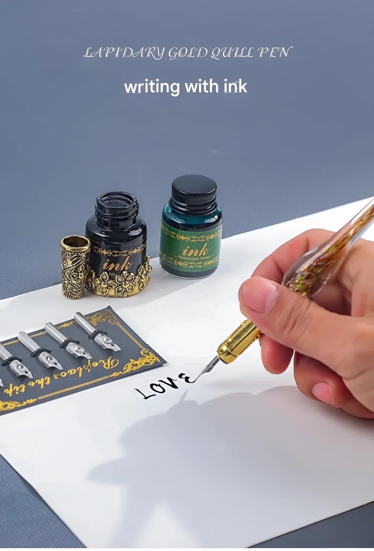 Gray vintage classic mechanical feather fountain pen set with dip pen for calligraphy practice and handwriting
