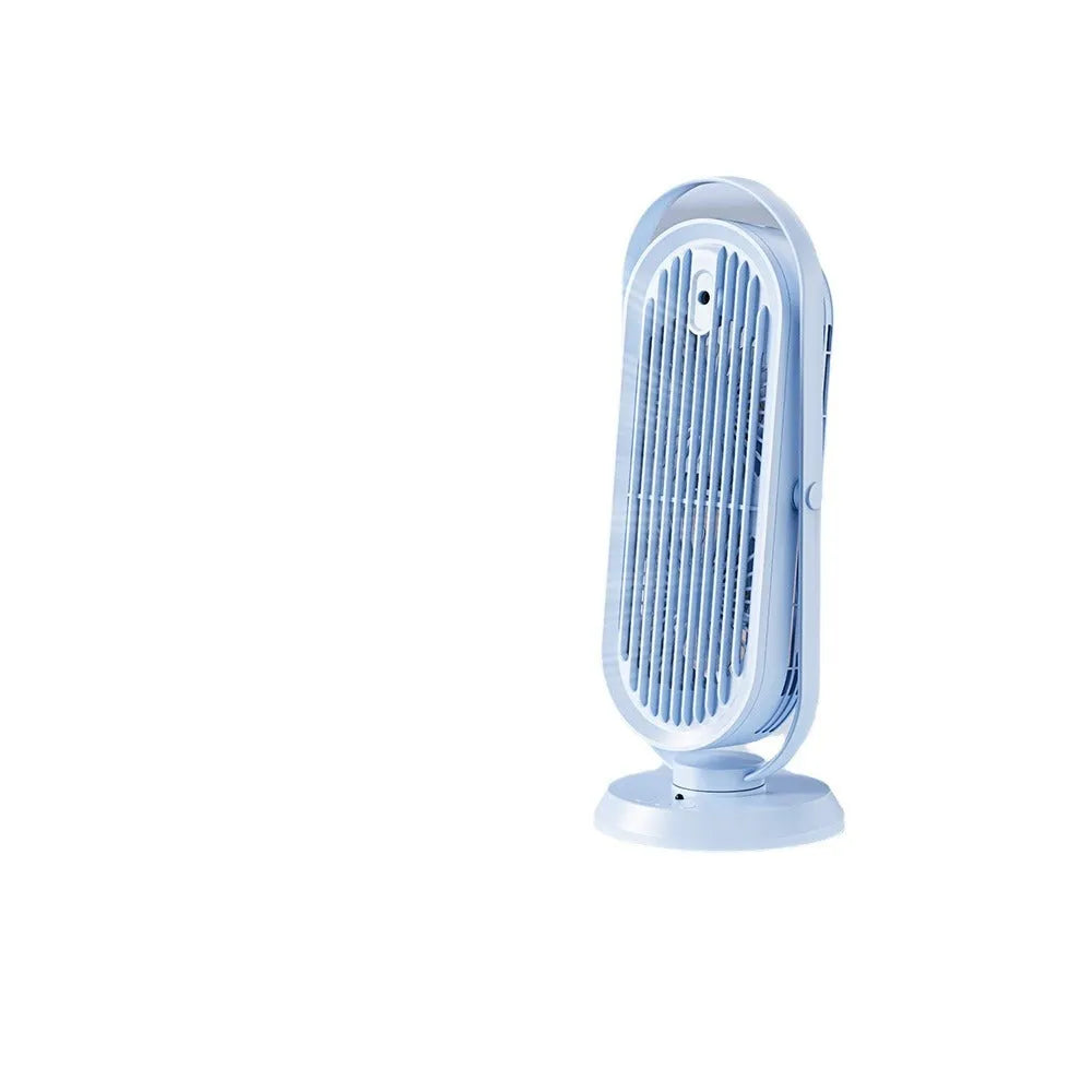 USB tower fan in dark blue with remote control on a desktop