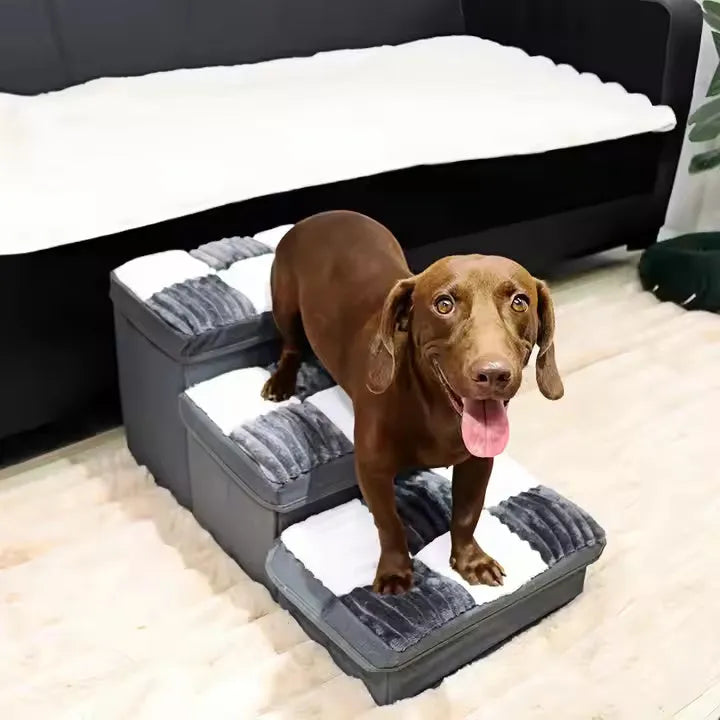 Handmade cotton dog stairs with storage space in brown colour chessboard pattern for small pets