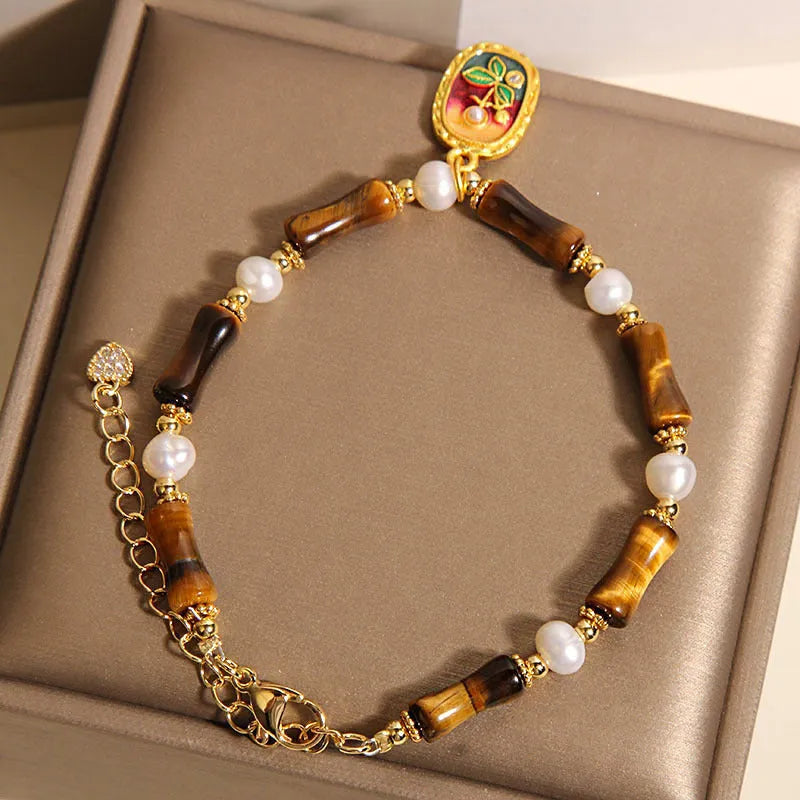 Chinese style stone bamboo glass bracelet for women in amber, green or purple colours