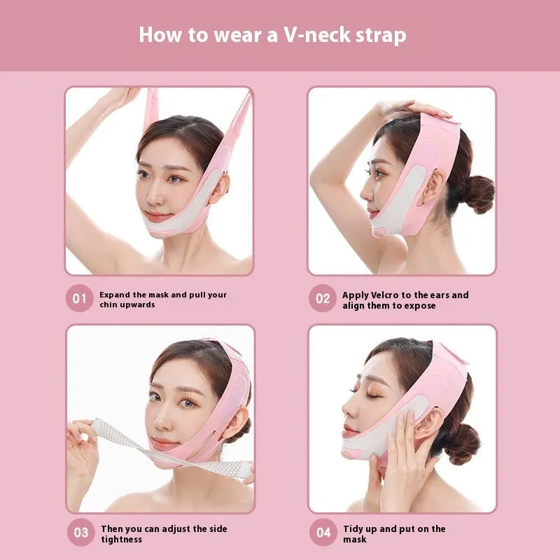 Pink and black elastic V face bandage with hook-and-loop fastening for facial contouring
