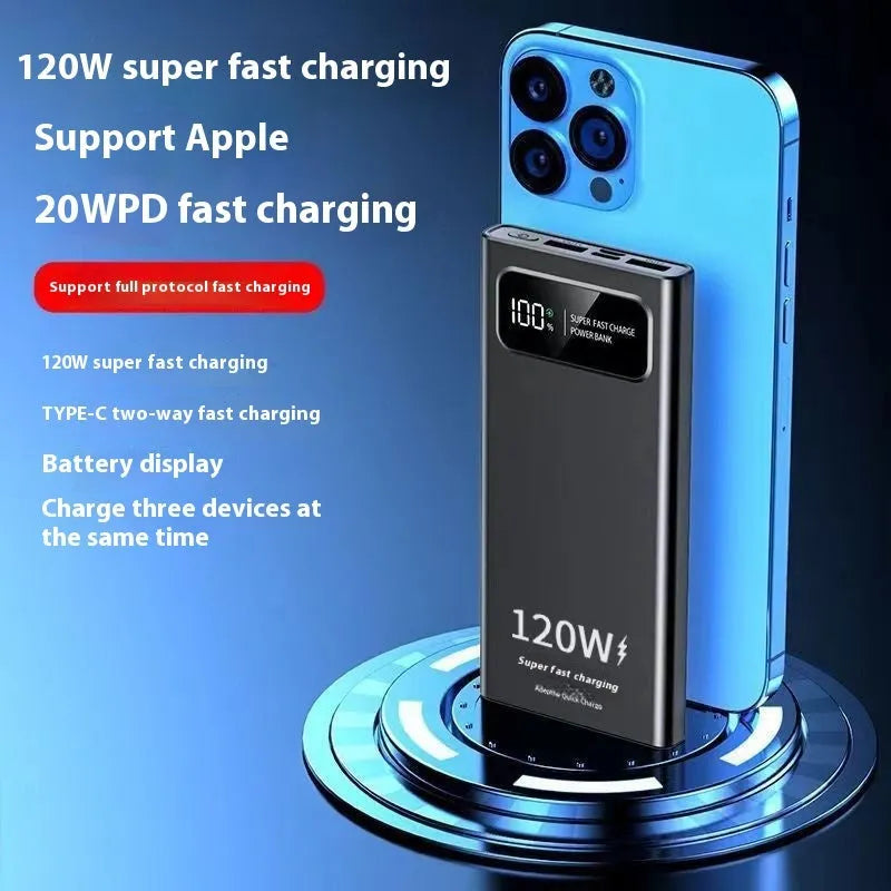 120W 20000 MA power bank in cool black with fast charge capability, compact size 141x66x16mm