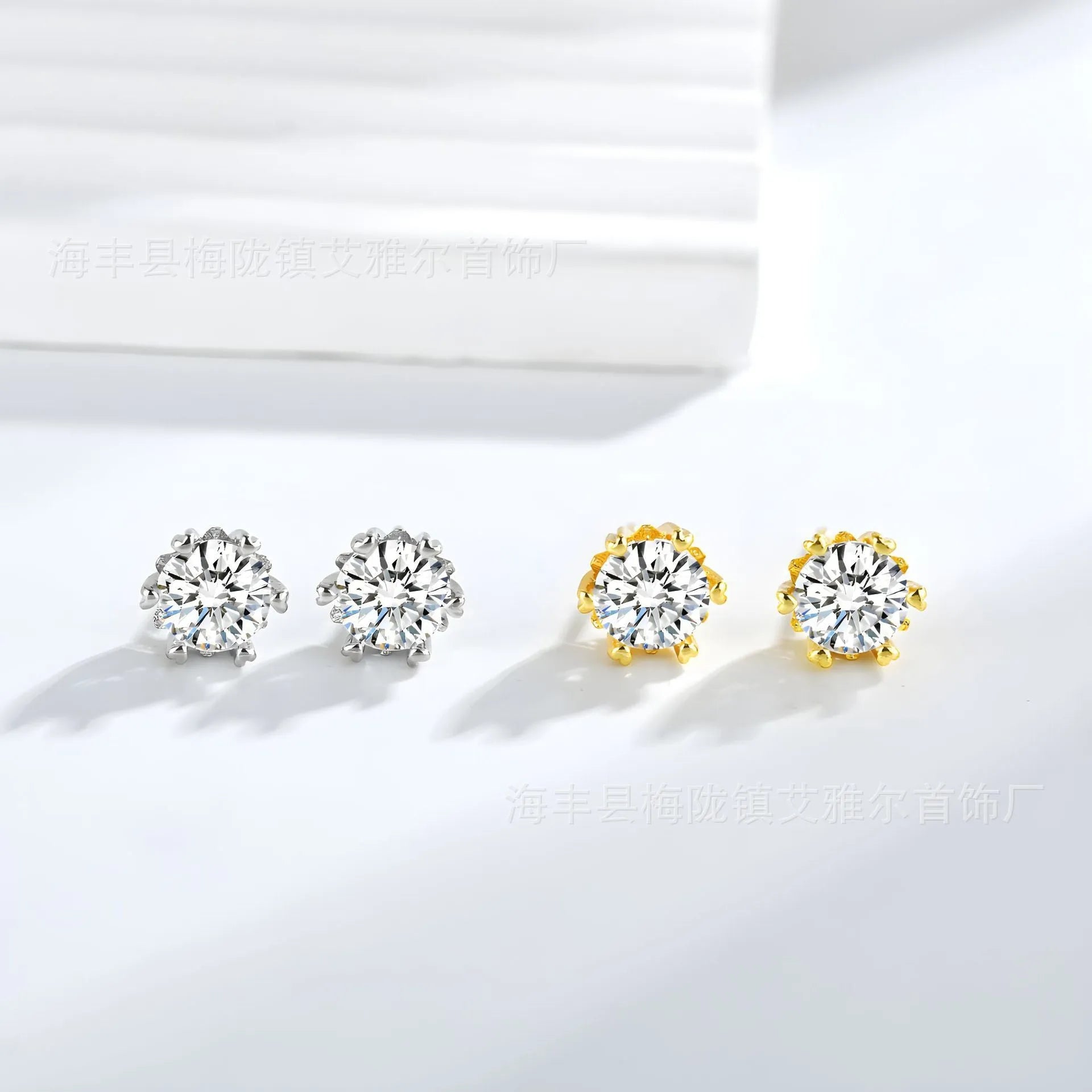 Silver brass zircon stud earrings heart shape hexagonal star design classic six-claw setting on white background
