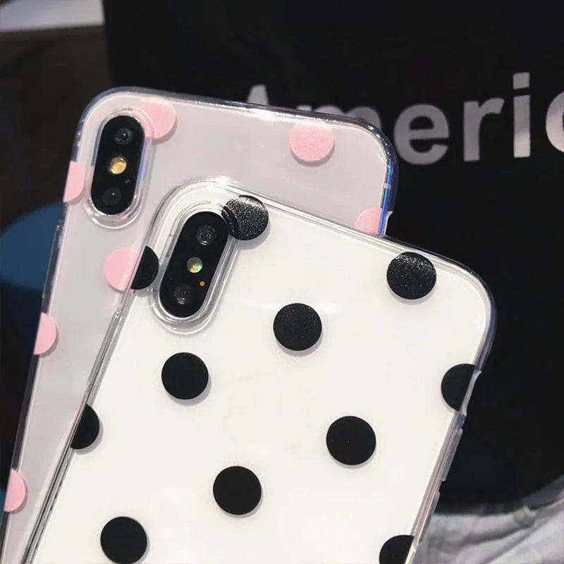 Dot mobile phone case in black or pink with wave point pattern, TPU back cover for iPhone models.
