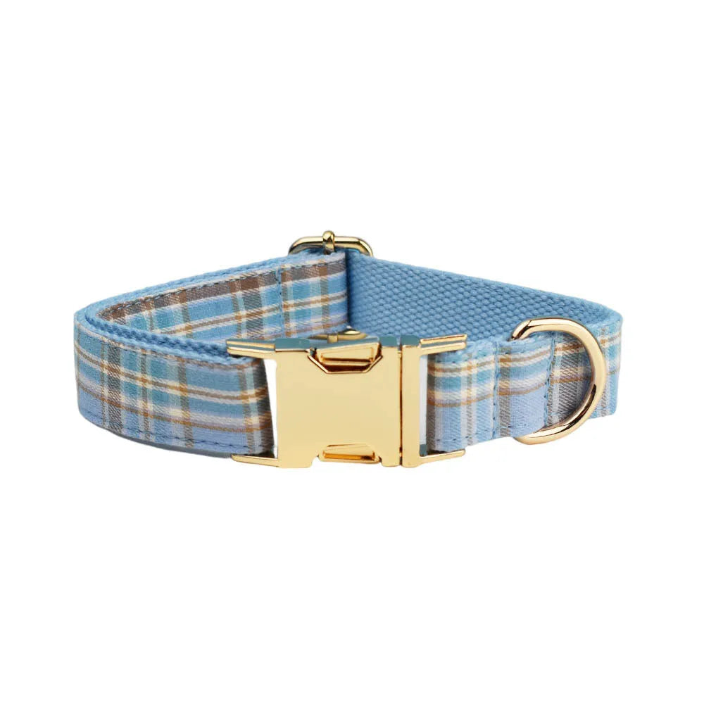 Sky blue grid forest pattern dog collar set with leash, bow, and vest for special occasions