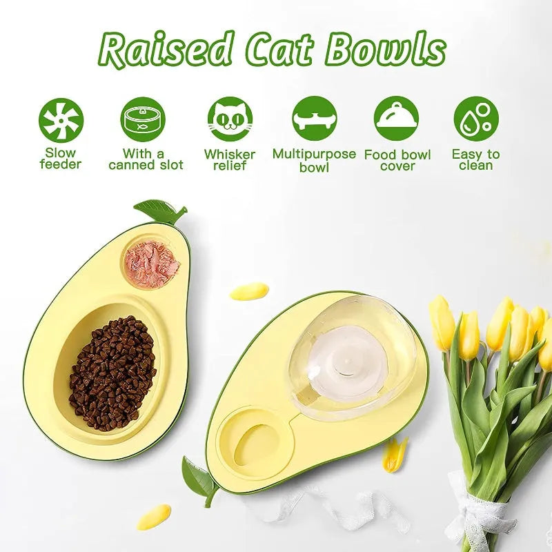 Green avocado-shaped pet feeder with automatic water bottle and separate food bowl