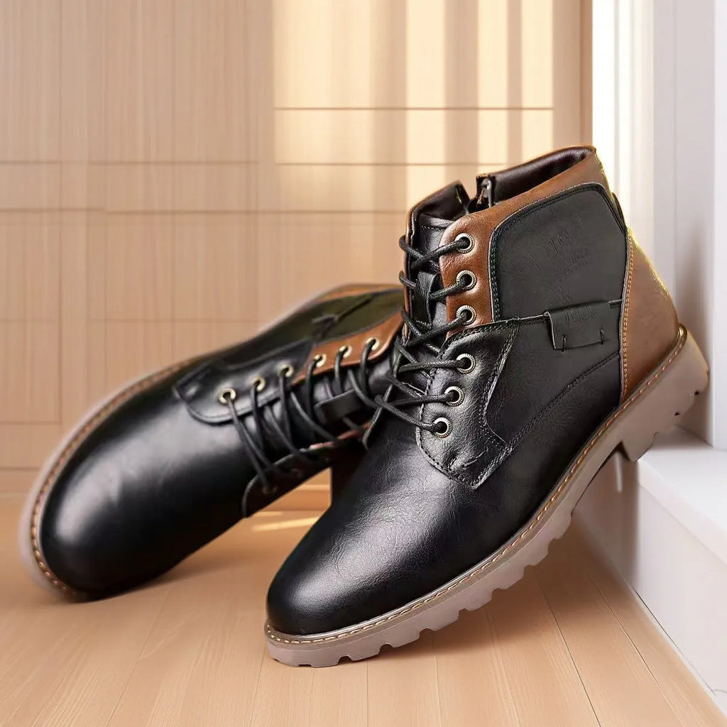 Men's brown ankle boot with a side zip fastening and round toe on a rubber sole.