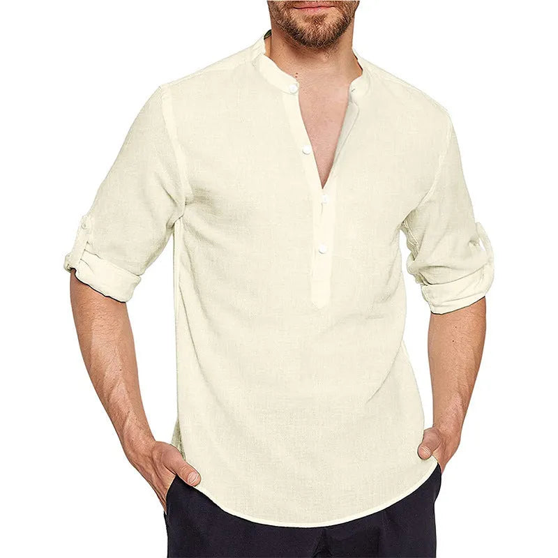 Cotton and linen blend long sleeve loose fit casual shirt in white, black, light blue, grey, or apricot