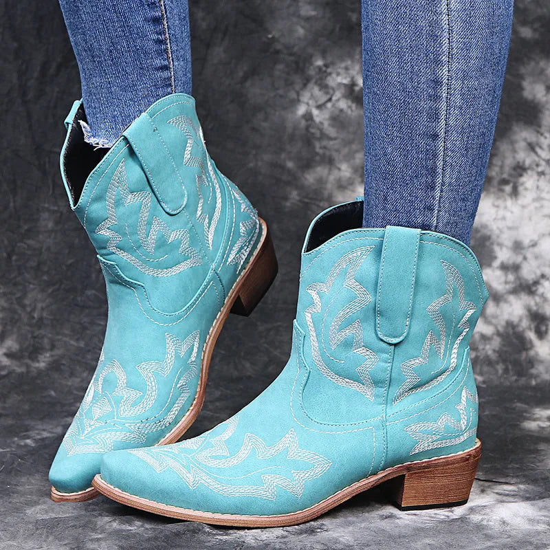 Blue embroidered women's cowgirl boots with a low wedge heel and pointed toe.