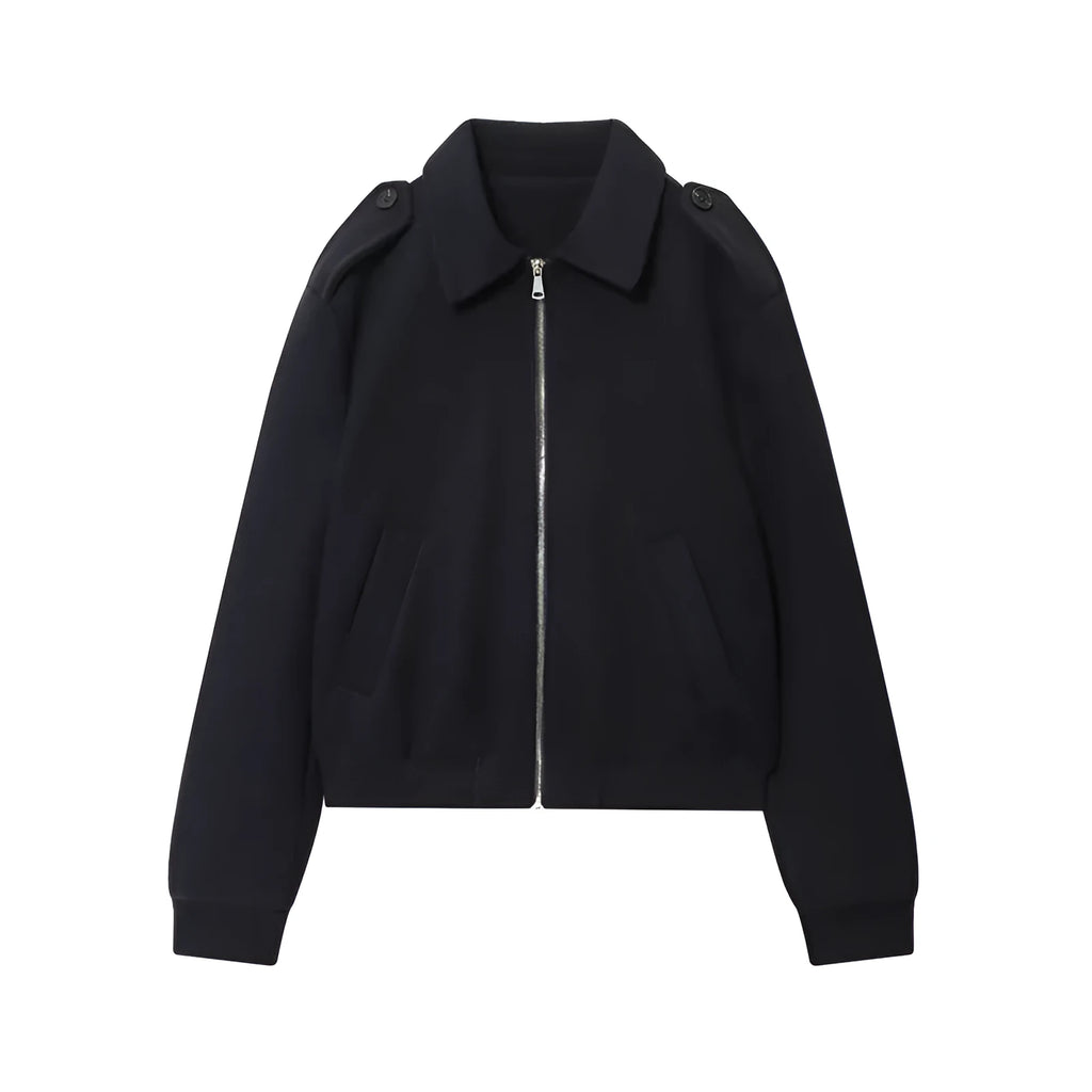 Women's black PU turn-down collar coat with zipper, long sleeves, casual Japanese Korean style