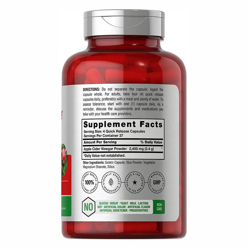 Bottle of 150 apple vinegar health supplement capsules on a white background.
