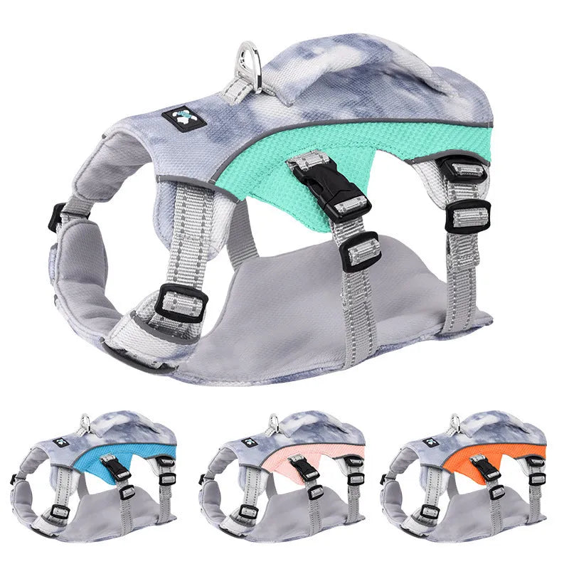 Reflective adjustable pet chest strap in light blue, pink, dark blue or orange for dog accessory attachment
