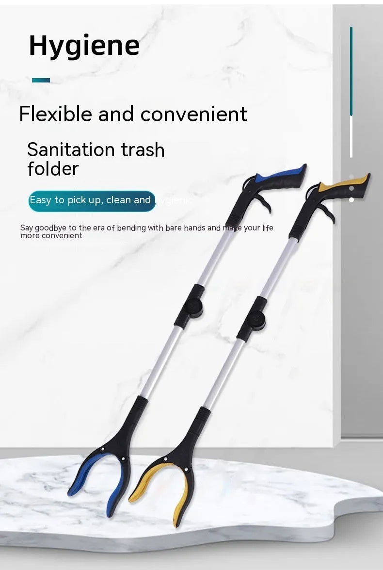 Foldable silver aluminium garbage clamp with blue handle, shown extended and with magnet sucker.