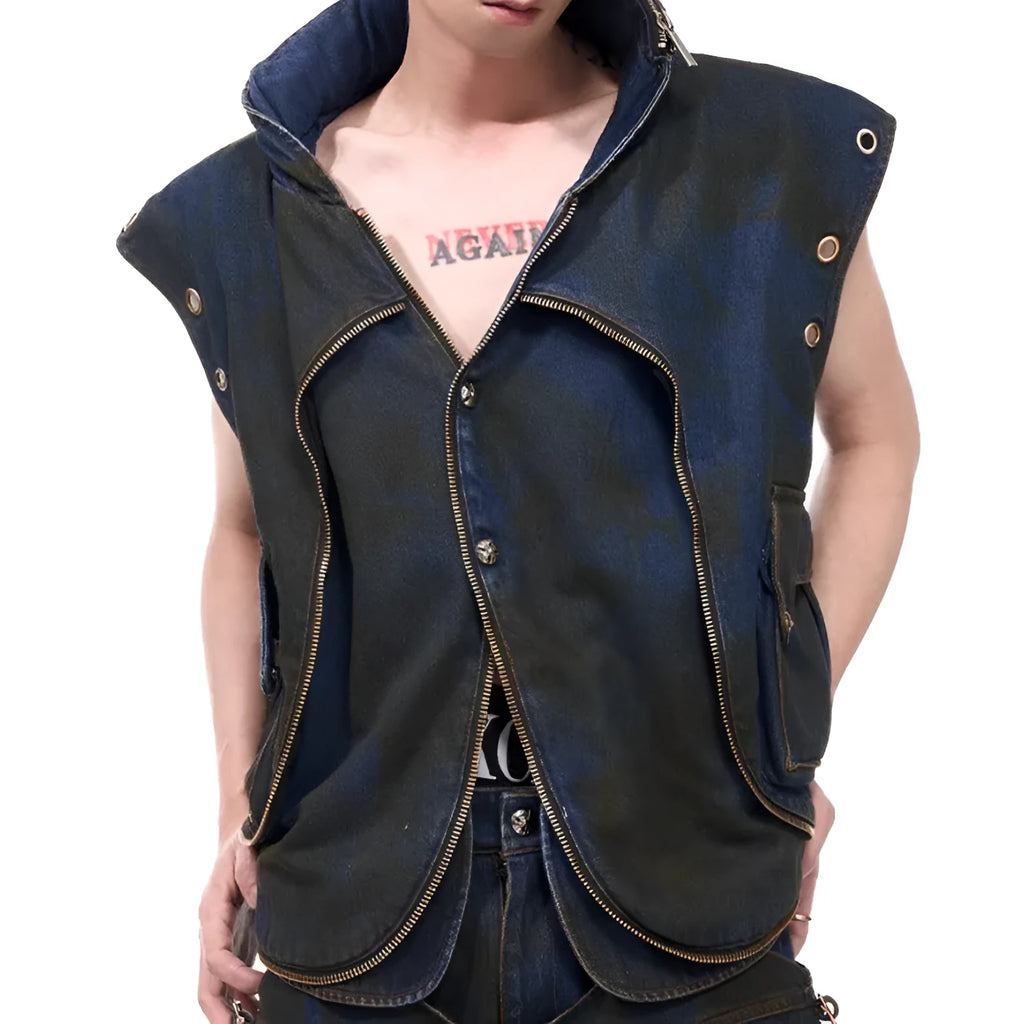 Blue hooded denim vest coat and matching trousers laid flat.
