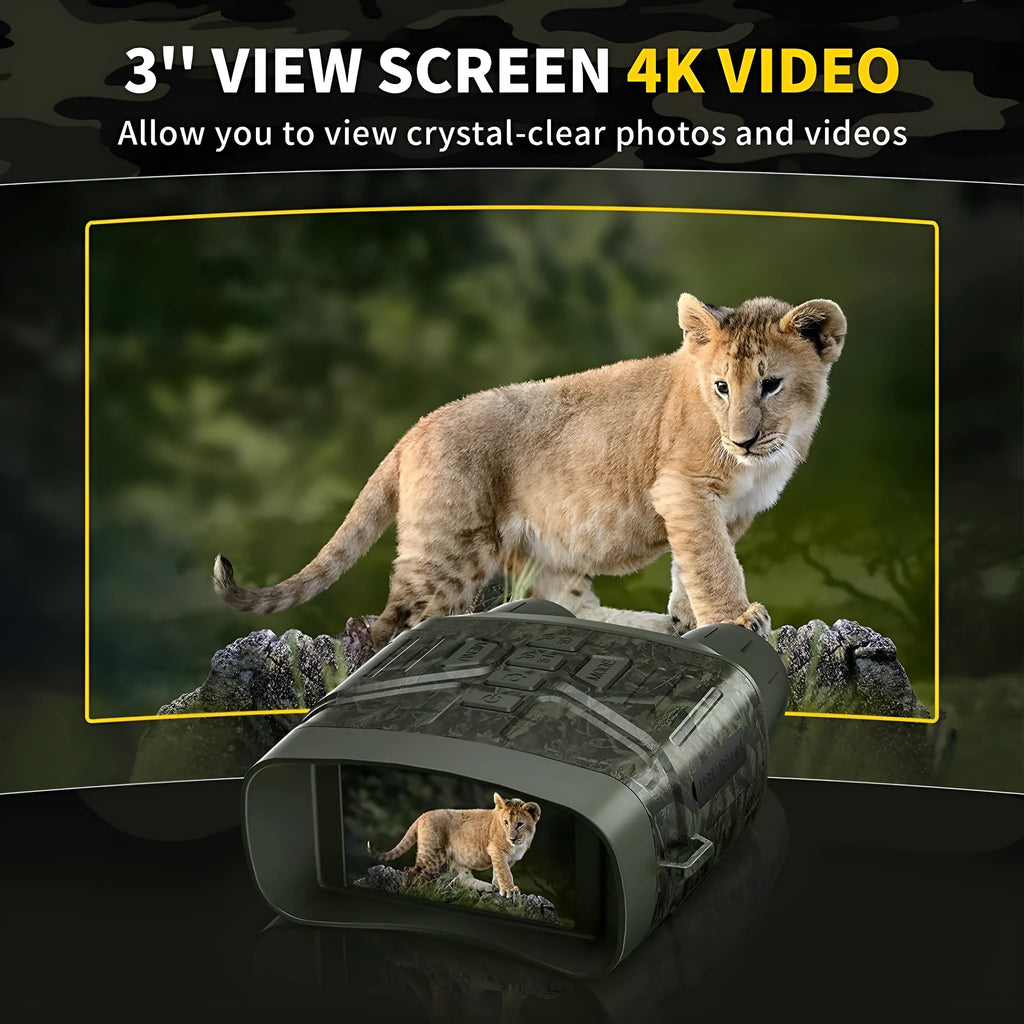 Black handheld night vision monocular with lens and screen, showing camouflage colour option.