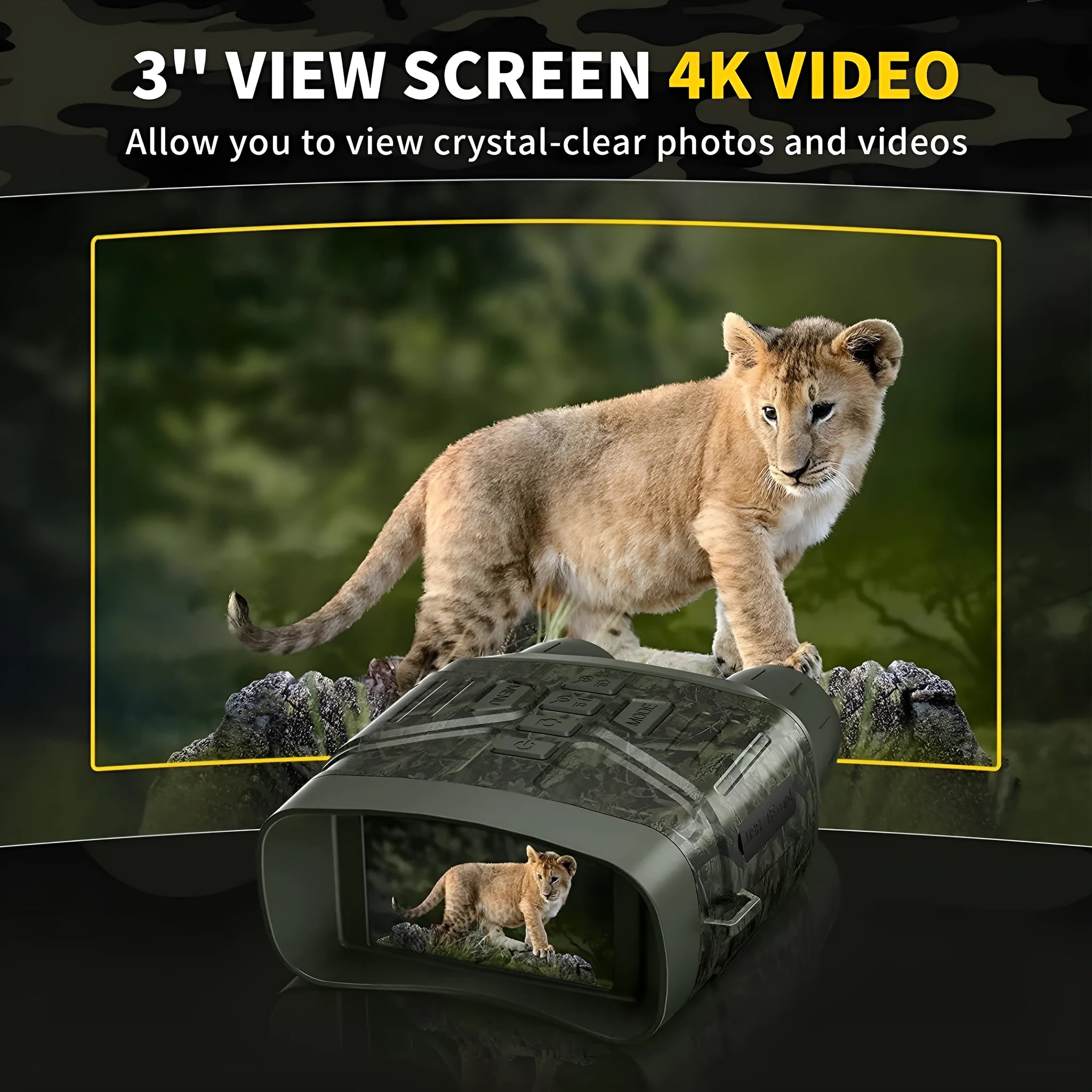 Black handheld night vision monocular with lens and screen, showing camouflage colour option.