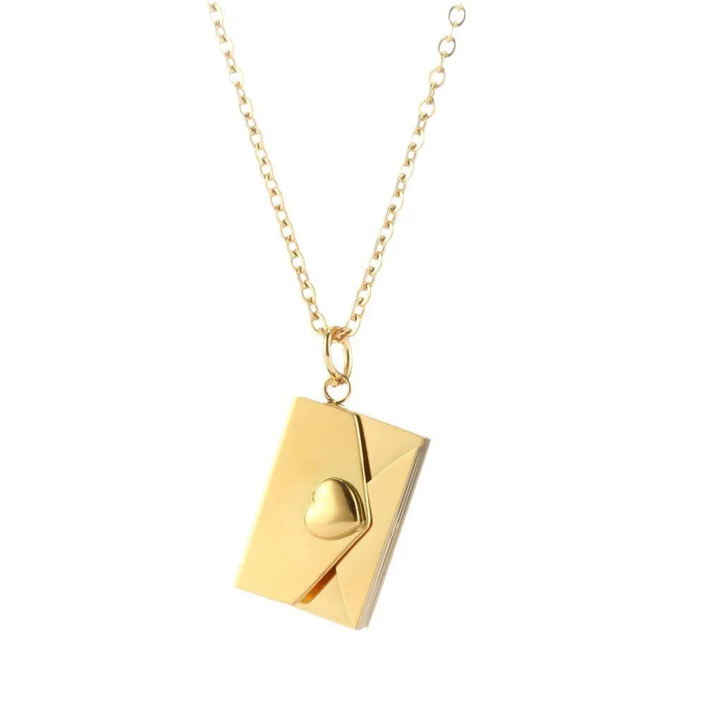 Titanium steel envelope pendant necklace with hidden compartment and O-ring chain