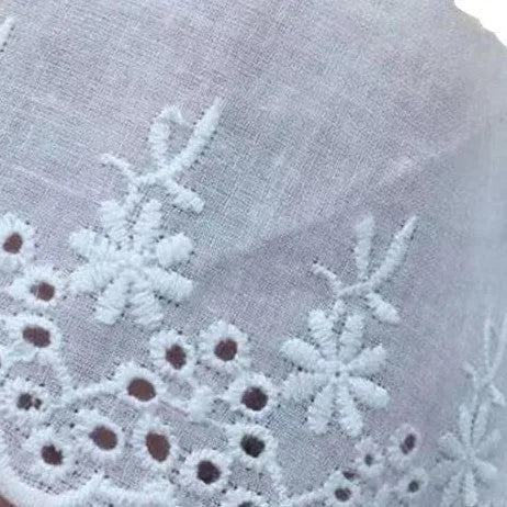 Close-up of white cotton embroidered lace trim showing cut-out pattern, with four width style options for DIY sewing.