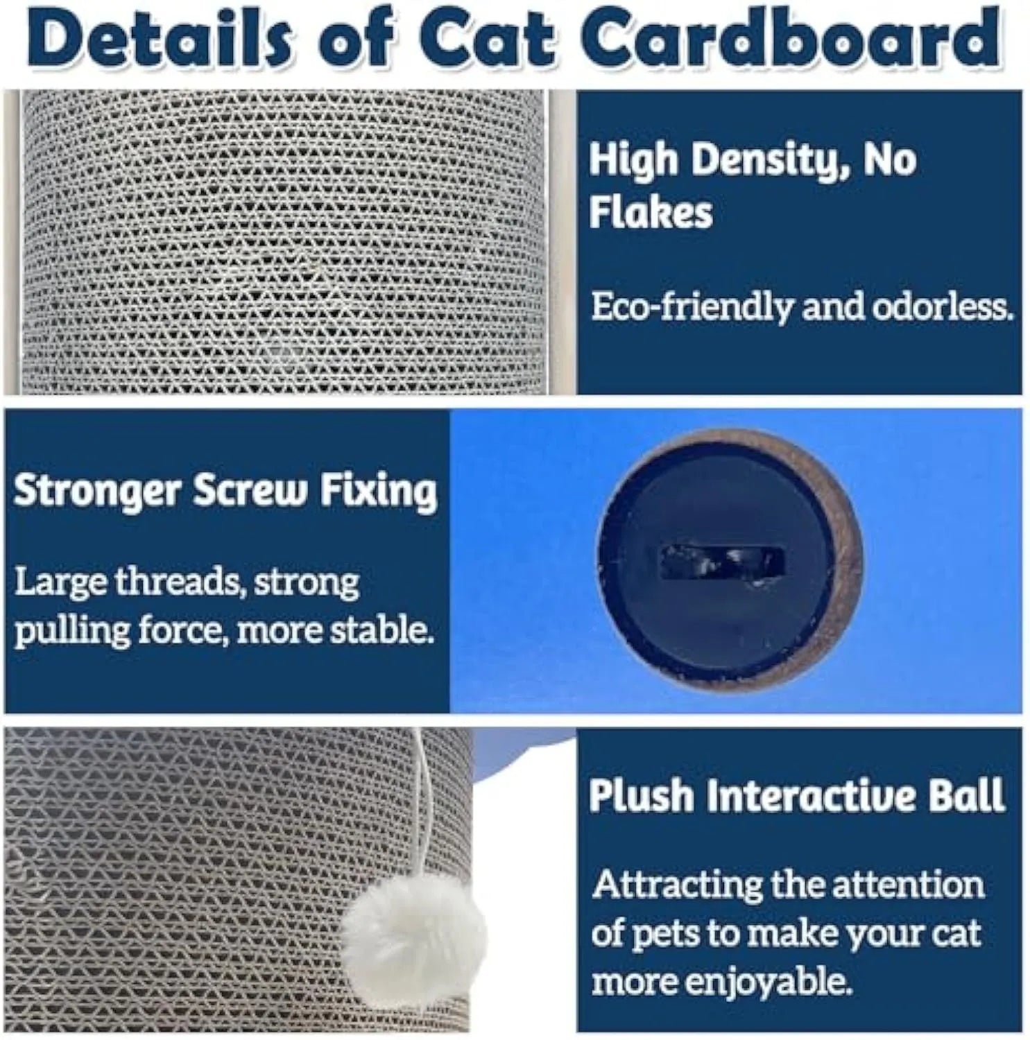 Corner-shaped cardboard cat scratching pad with a hanging blue ball toy attached.