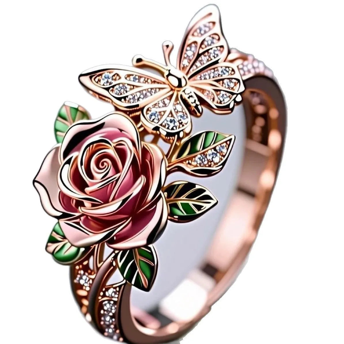 Adjustable colourful butterfly ring with oil droplet treatment and floral detailing