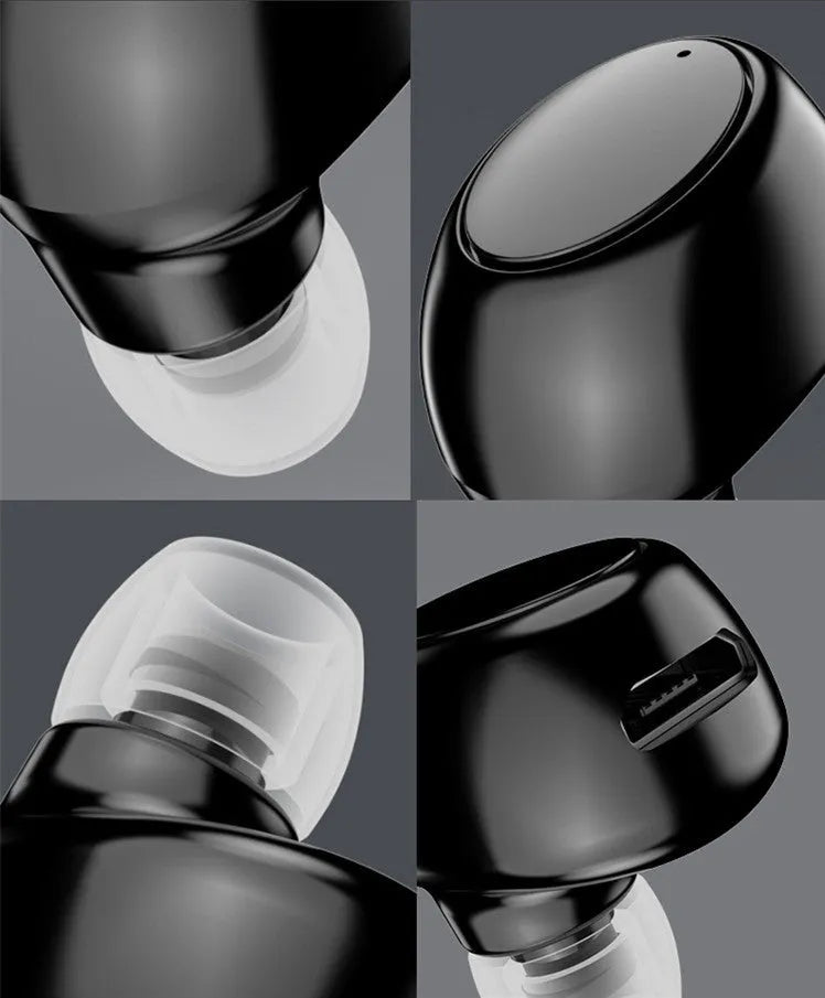 Mini wireless Bluetooth sports in-ear headphones with 8mm copper ring speaker, black earplug style on white background