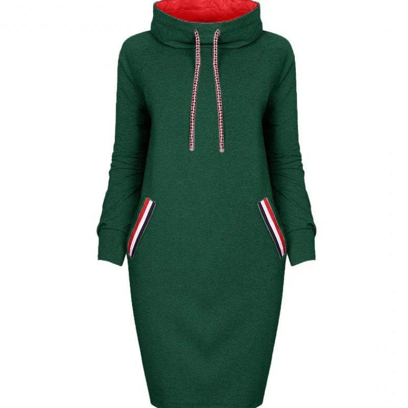 Elegant long sleeve midi dress in various colors and sizes, featuring a high collar and flattering silhouette