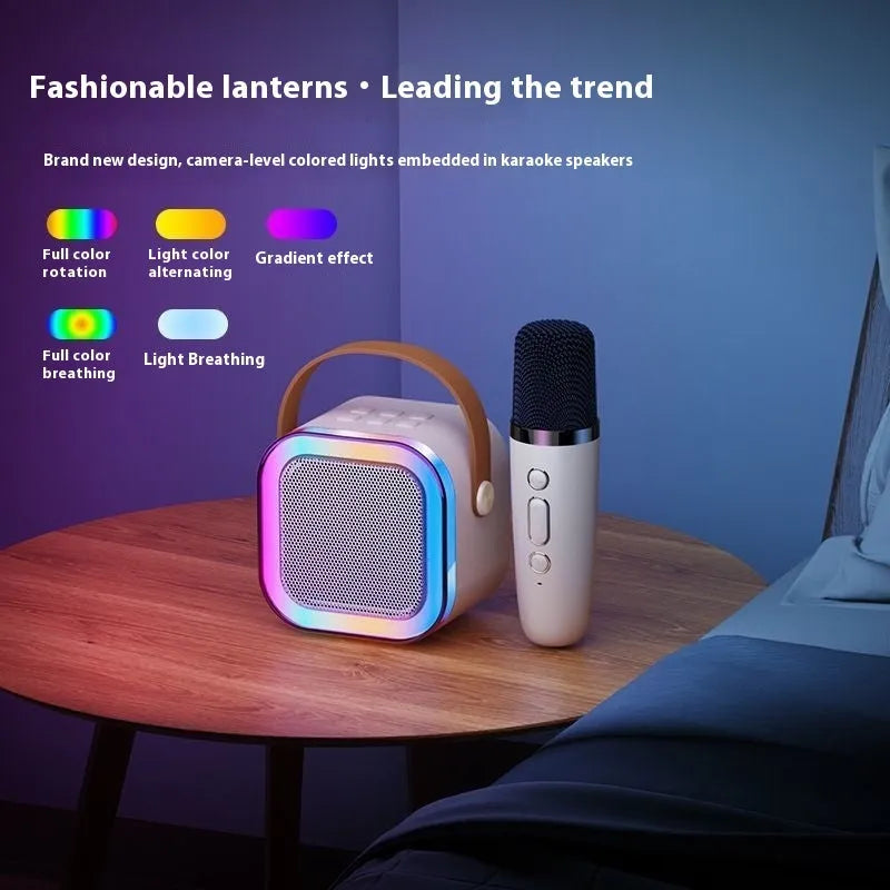 Wireless Bluetooth karaoke microphone and speaker all-in-one in oil white, pink or blue with single or double mic