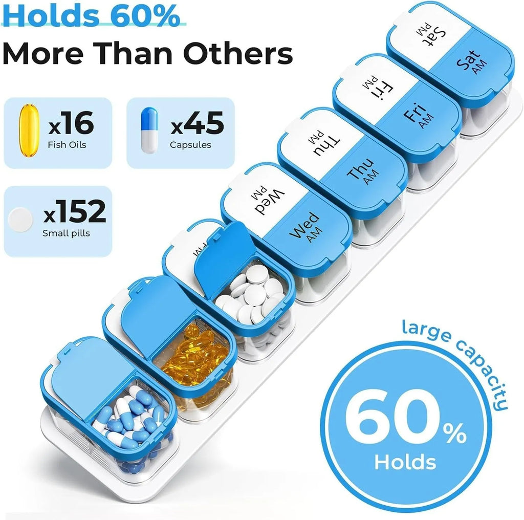 14 compartment portable pill box dispenser with removable sections in white or rainbow colours