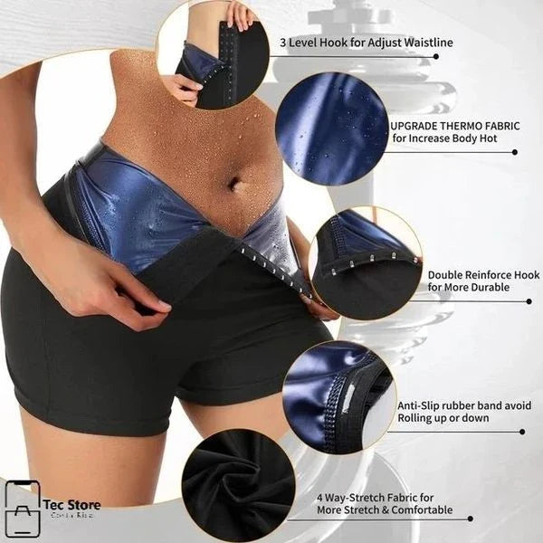 Slimming waist trainer shapewear leggings in silver and blue colors, featuring neoprene fabric and compression design for a sculpted look.