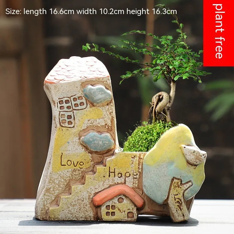 Hand-painted ceramic combination pot for meat plants and flowers with pastoral design