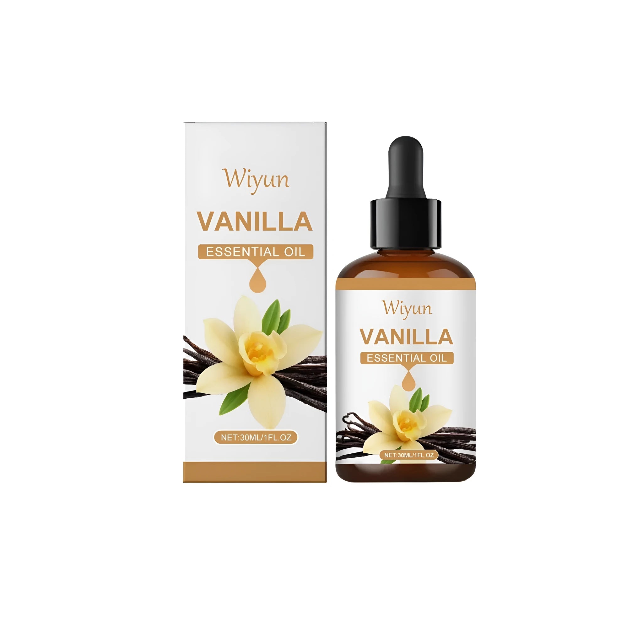30ml bottle of vanilla flavoured oil with glycerin and vitamin E for aromatherapy use