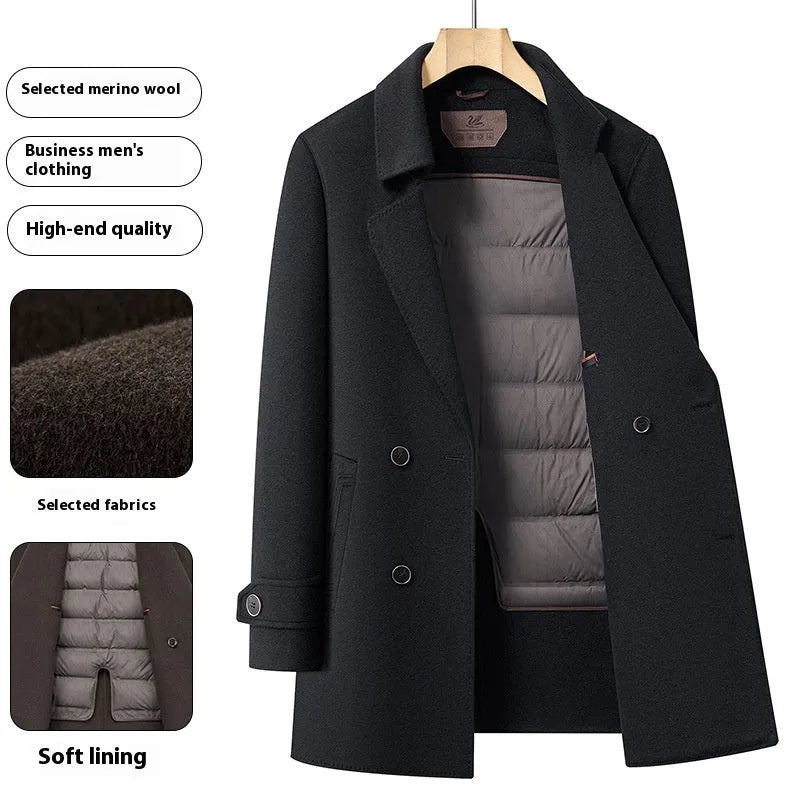 Men's mid-length double-sided wool overcoat with suit collar, rabbit fur, side seam pockets, brown dark grey black