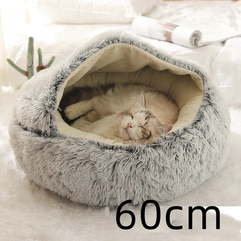 A soft, plush pet bed in various colors, including olive green, brown, pink, and grey, designed for the comfort and relaxation of cats and dogs.