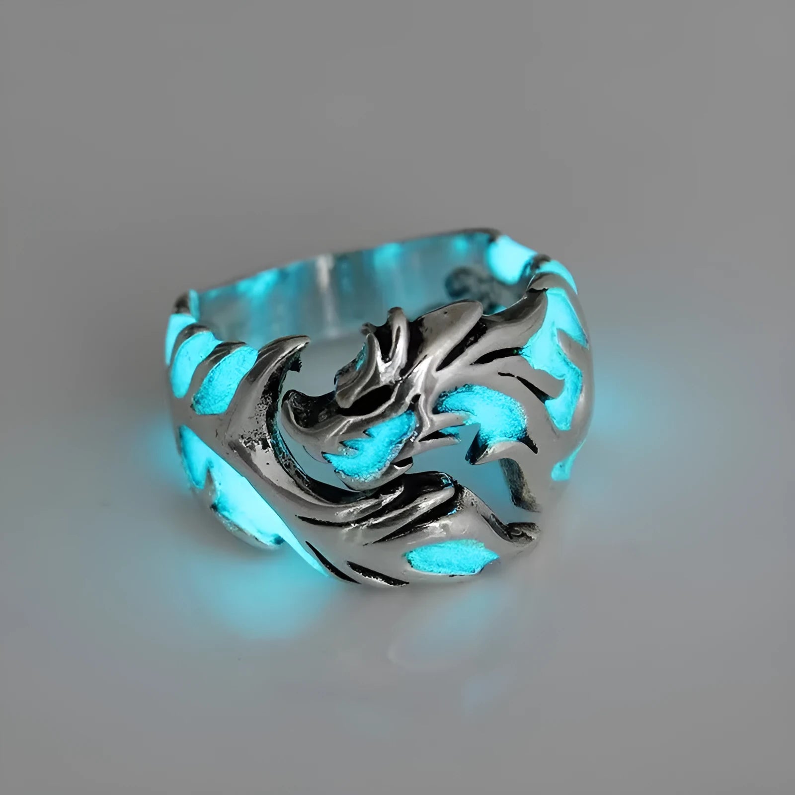 Chinese style luminous dragon pattern adjustable ring in archaism silver blue and green