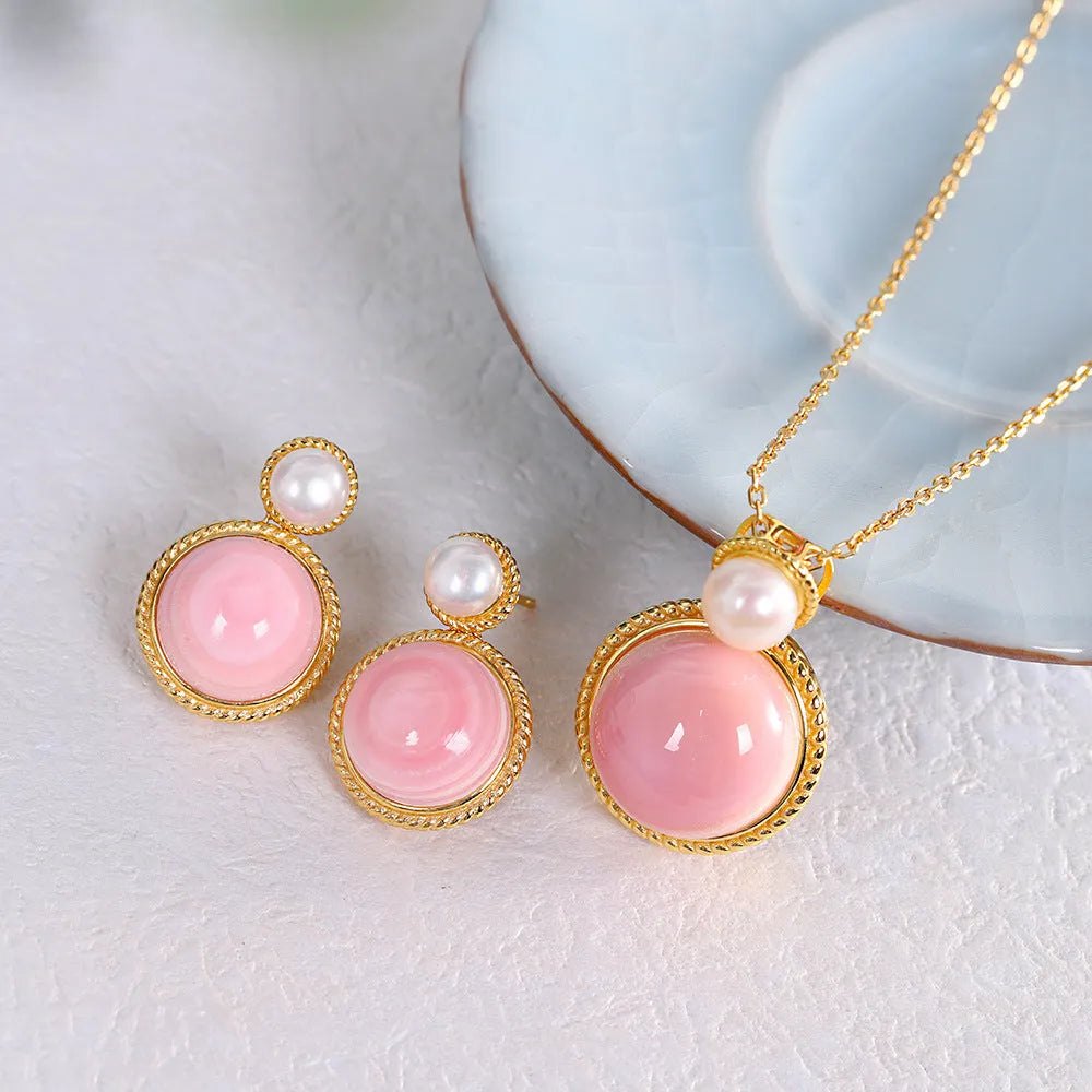 S925 silver plated geometric pink shell simple women's earrings with gold plating