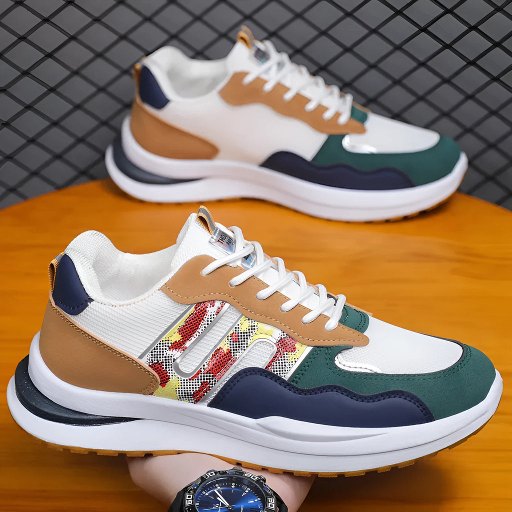 Men's mesh casual sports shoes in white green, black, and grey colours with shallow cut design
