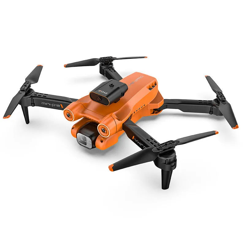 Black P12 remote-controlled quadcopter drone with camera, shown folded and unfolded.