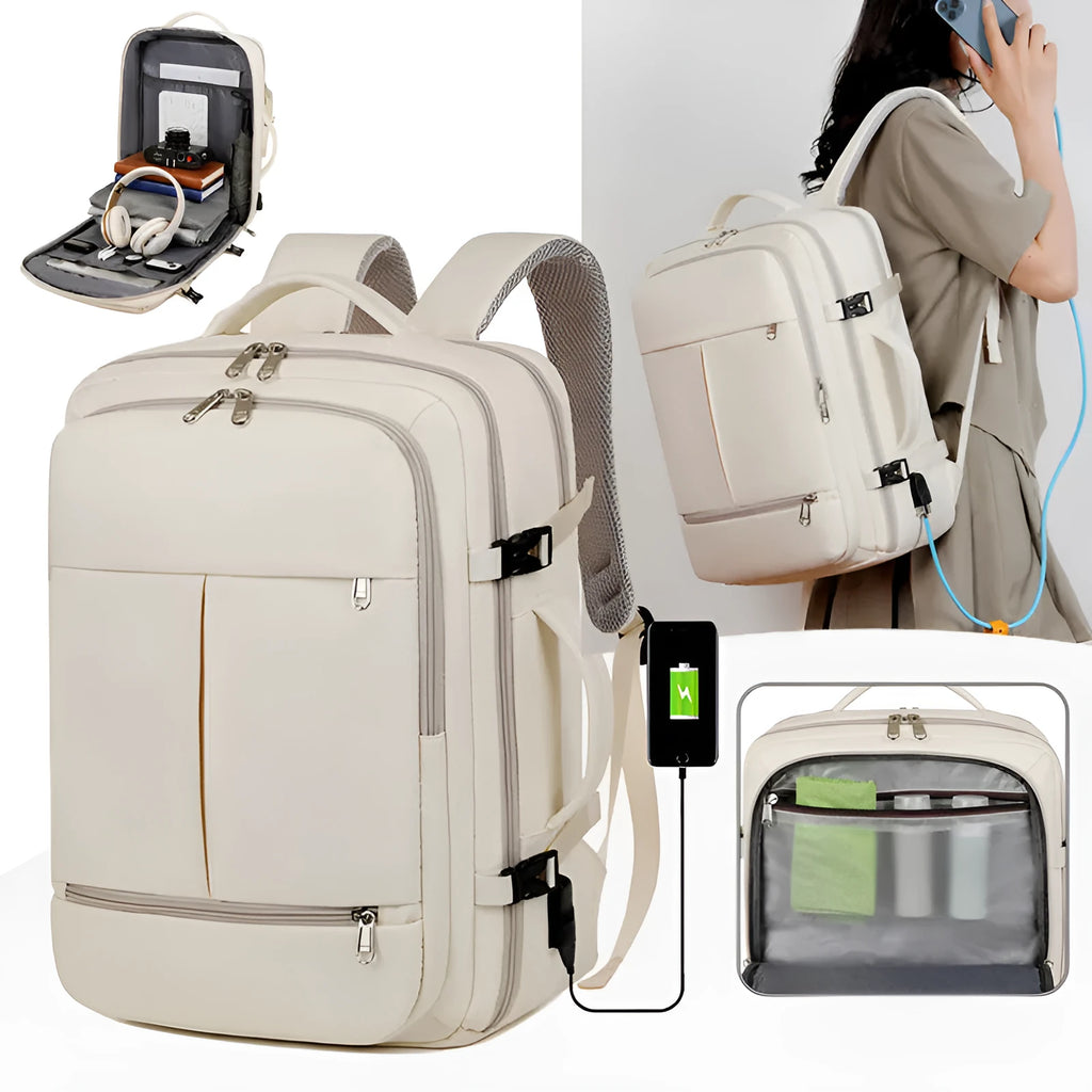 Large waterproof Oxford cloth backpack in a choice of colours, shown with multiple zippered pockets and a 15.6-inch laptop.