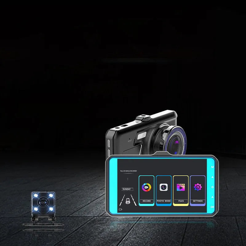 Black car driving recorder with 4 inch touch screen and dual lenses for front and rear recording