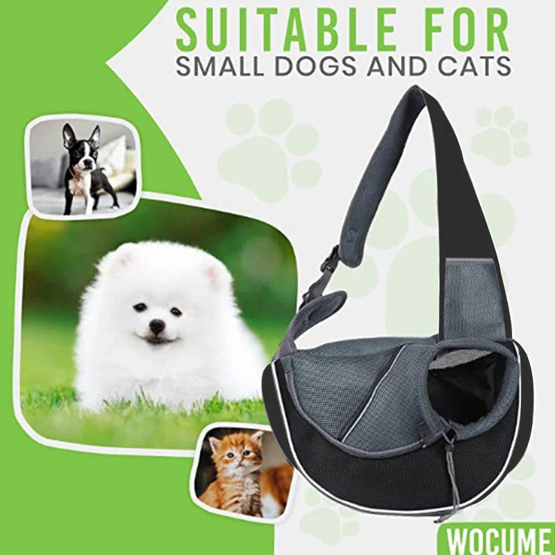 Stylish and secure pet carrier crossbody bag made of Oxford fabric and leather accents, featuring breathable design and adjustable drawstring closure for dogs and cats