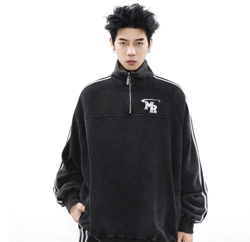 Black stand collar hoodie coat in American retro style with long sleeves and Hong Kong fashion details