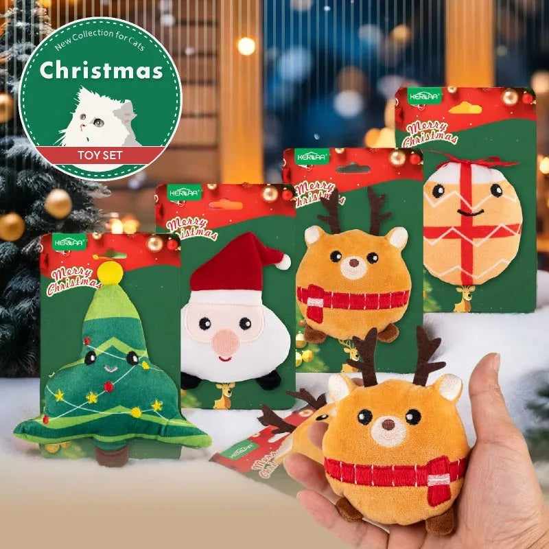 Christmas cat plush toy with catnip in festive designs including Santa Claus, Christmas tree, elk, and smiley egg patterns