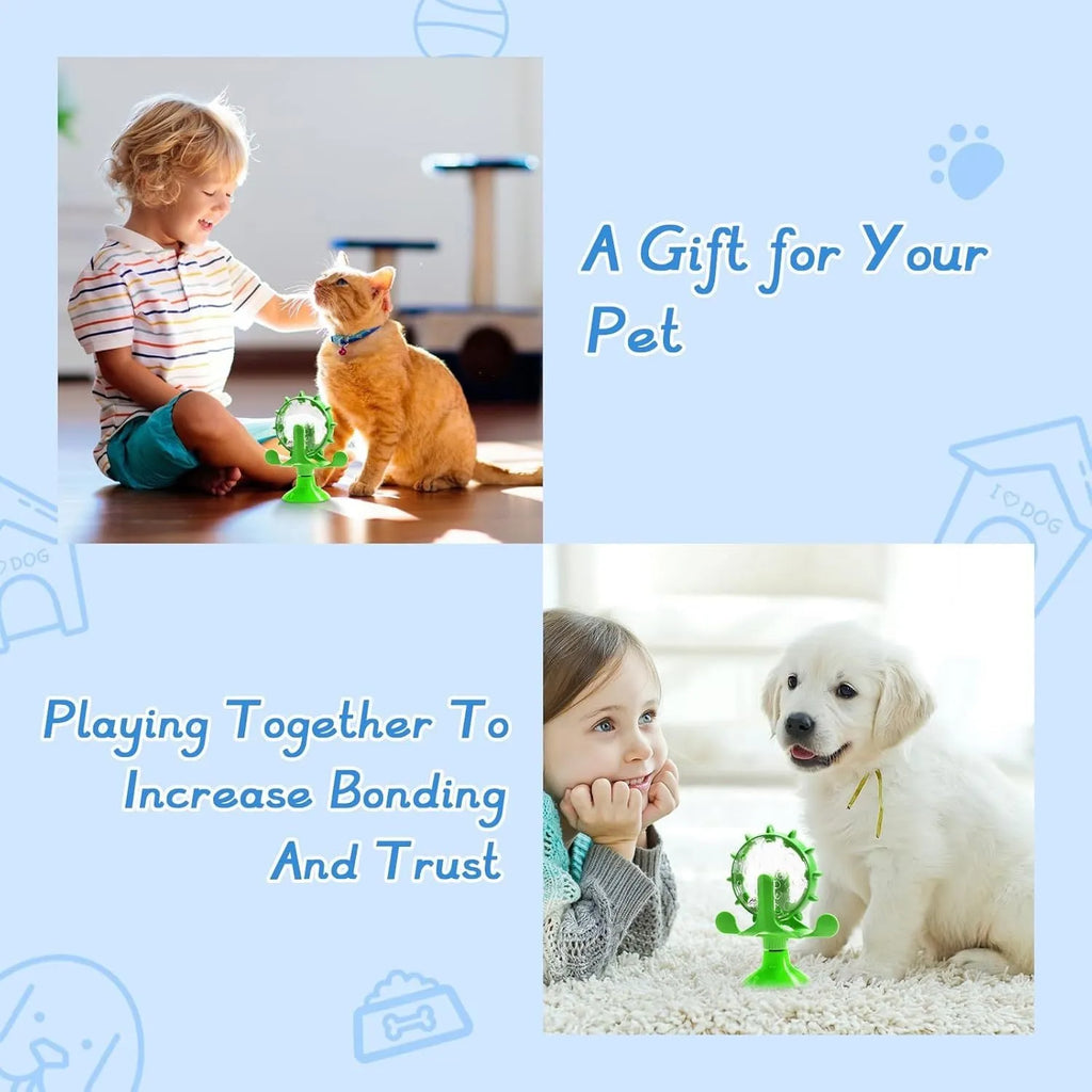 Blue green red or yellow ABS plastic pet puzzle toy with spinner and sucker base for cats and small dogs.